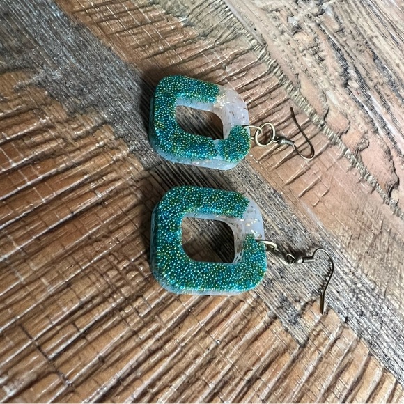 Teal & Clear Resin Rectangle Dangle Earrings - Picture 3 of 3